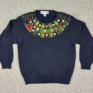 Victoria Harbour Beaded Statement Sweater Black Medium Jewel Collar Knit